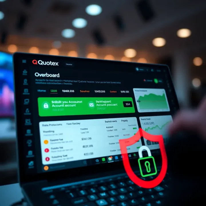 Quotex Account Dashboard with Security Features Dashboard screen showing account overview with security notifications and data protection icons
