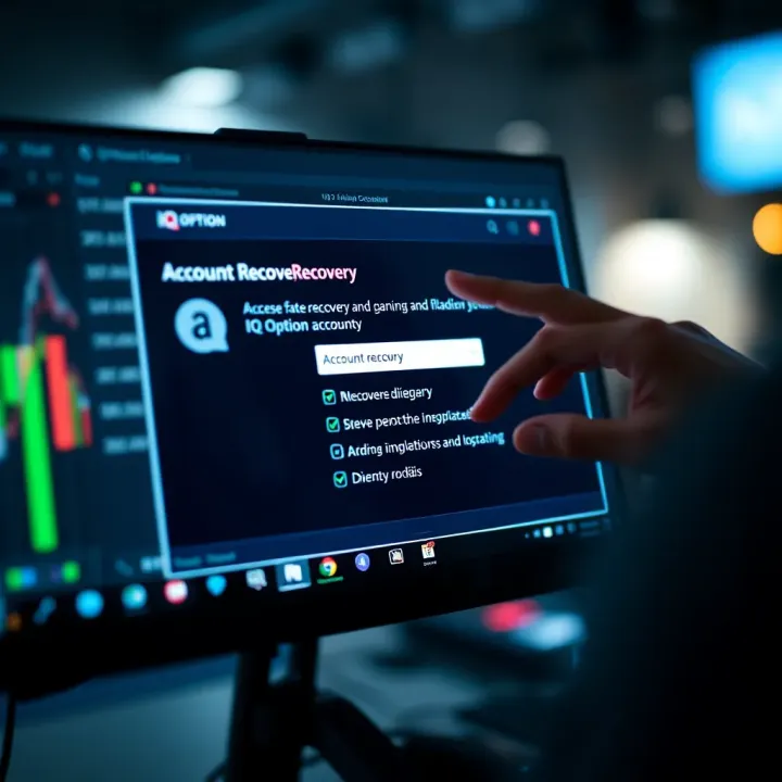 User interacting with digital interface showing account recovery options for IQ Option