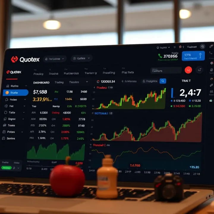 Quotex Platform Trading Dashboard Overview Dashboard interface of Quotex online platform showing trading options and market data