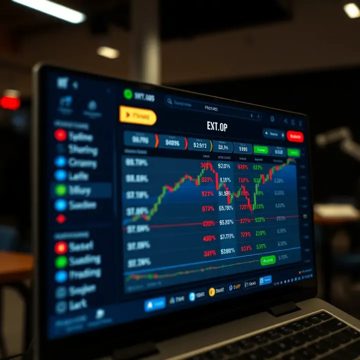 Graphical representation of binary options trading platform interface showing asset selection and potential profit percentages