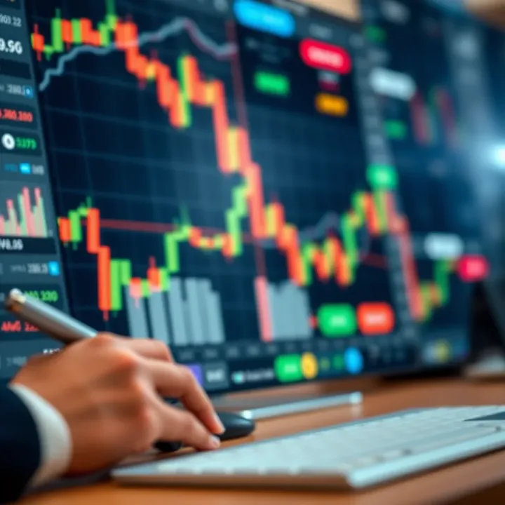 Visual representation of binary options trading with digital charts and financial icons