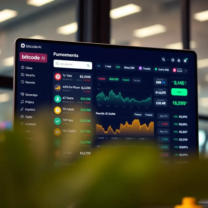 Interface of Bitcode AI platform displaying automated investment options and financial analytics