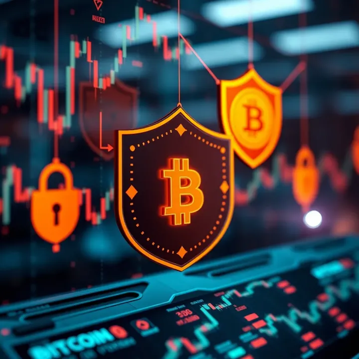 Conceptual representation of cryptocurrency security with digital locks and shield icons