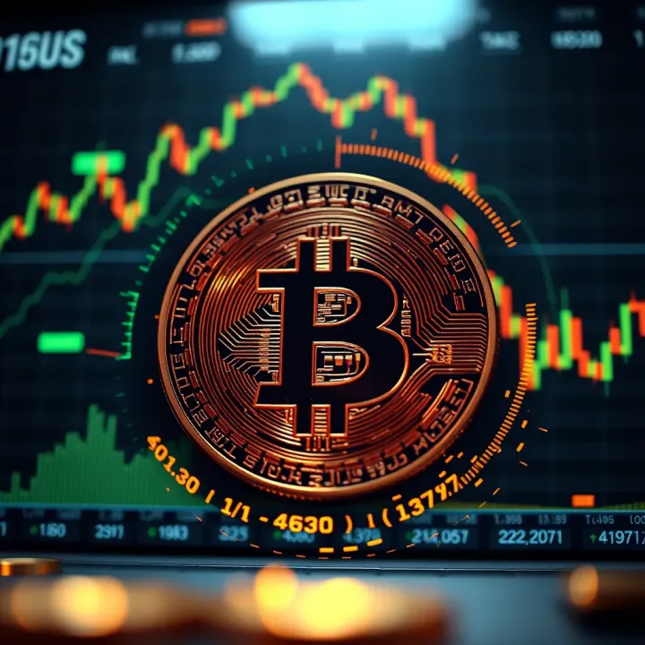 Digital representation of Bitcoin symbol surrounded by economic charts and data streams