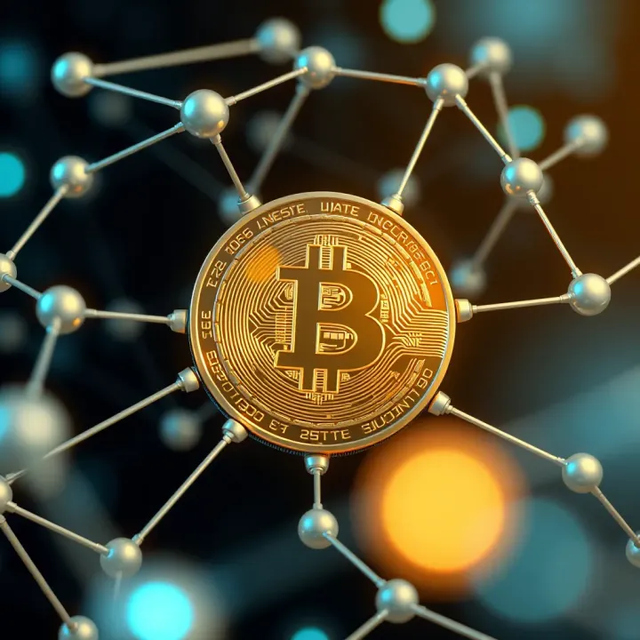 Digital representation of Bitcoin surrounded by interconnected nodes symbolizing blockchain technology and AI integration