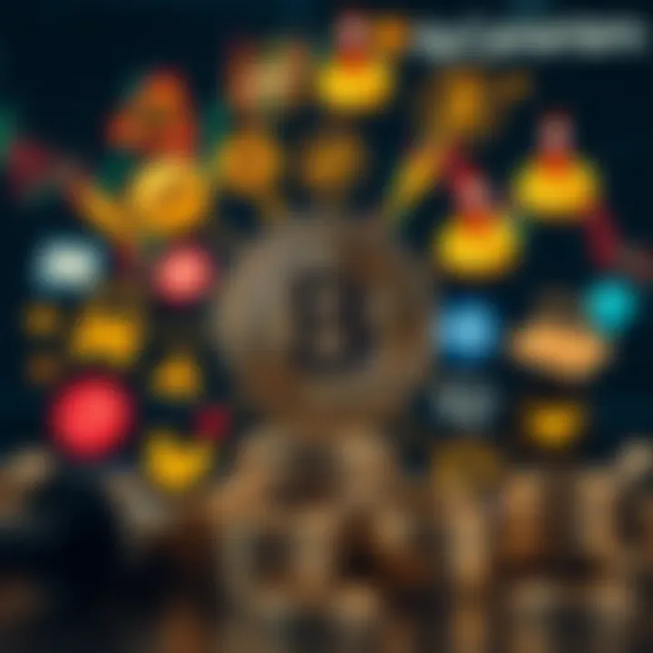 Conceptual illustration of Bitcoin surrounded by icons representing risks and opportunities in cryptocurrency market