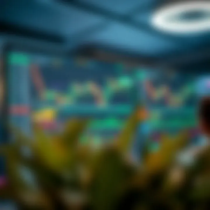 Financial trading platform interface displaying simulated market data and charts