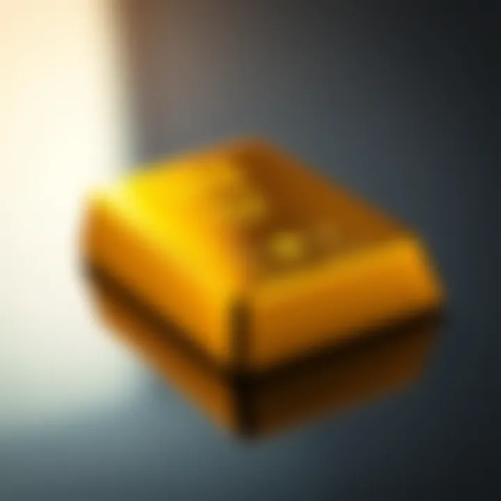 Gold bar resting on a reflective surface showcasing its weight and purity marks