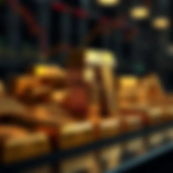 Gold bars stacked with international weight standards displayed