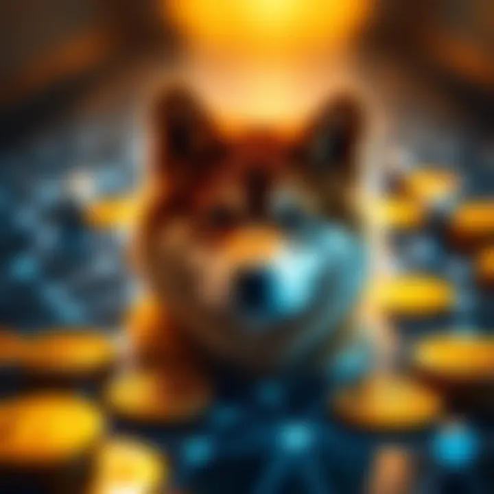 Graphic representation of Shiba Inu cryptocurrency coins with digital network nodes symbolizing blockchain connections