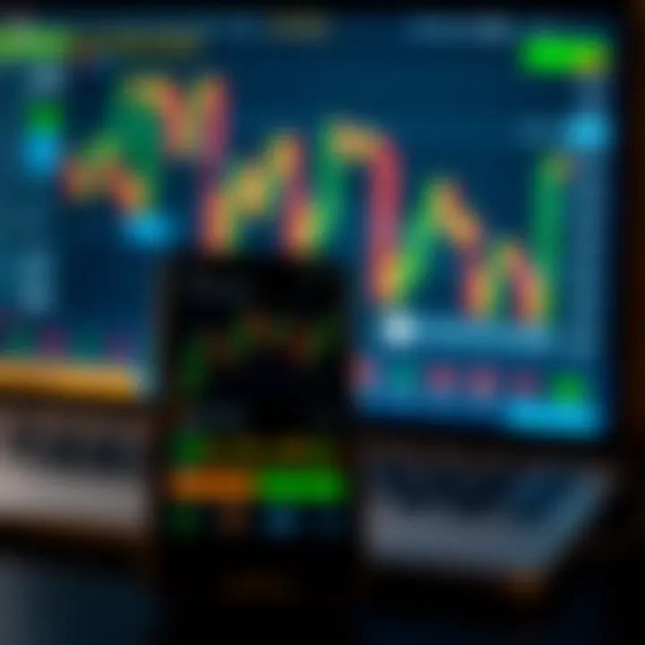 Mobile device displaying a financial trading application with stock charts and market data