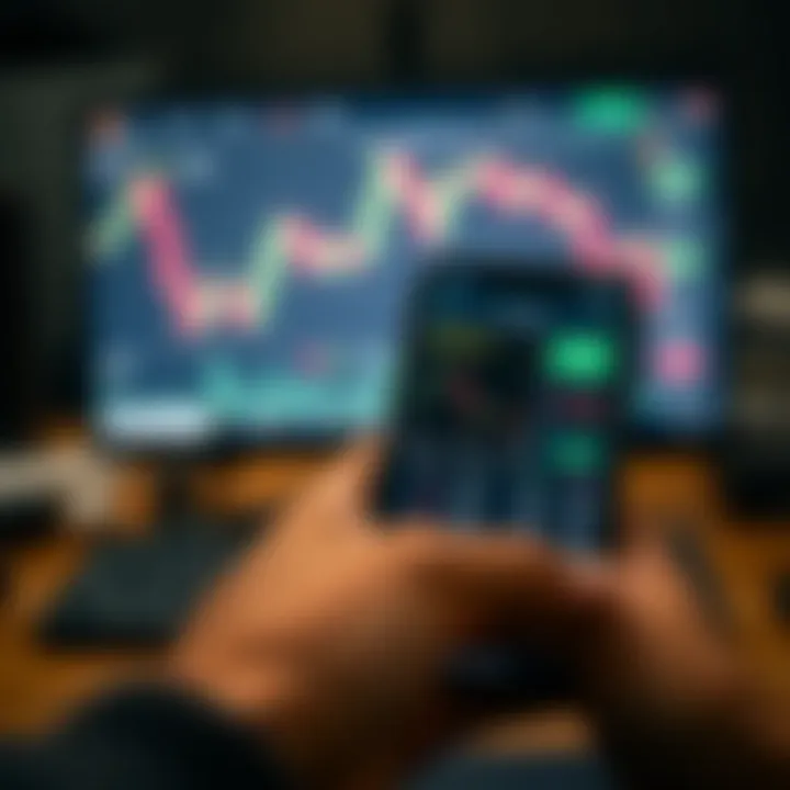 Mobile device displaying a financial trading app interface with charts and options