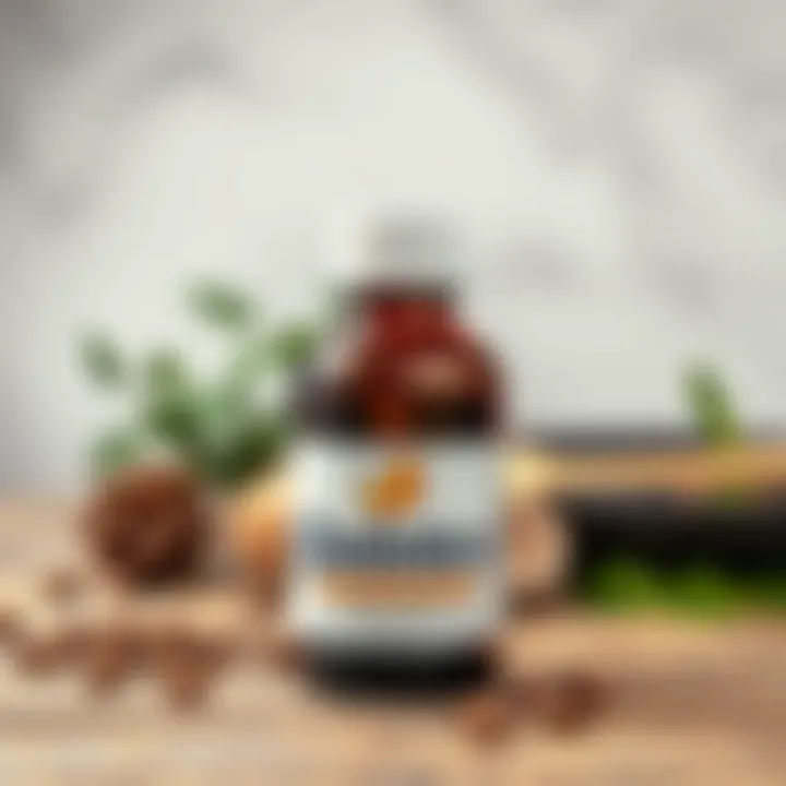 Bottle of Quiotex with herbal ingredients in the background