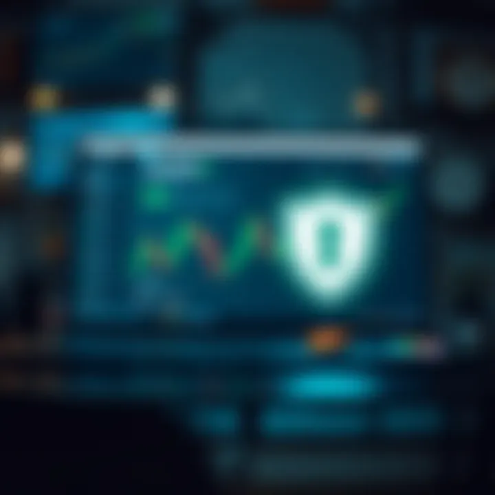 Illustration of a secure desktop environment emphasizing safe usage of Quotex trading application with protective icons
