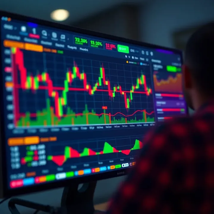 Digital interface showing binary options trading with charts and data analytics