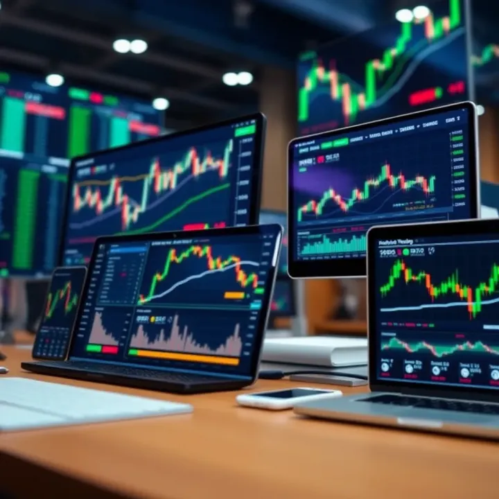 Financial trading platforms displayed on multiple digital devices with charts and graphs