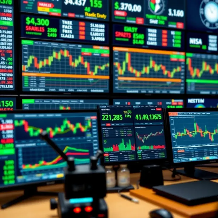 Illustration showing different types of trading assets like stocks, currencies, and commodities on digital screens