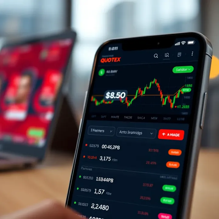 User interface of the Quotex app displaying trading options and charts