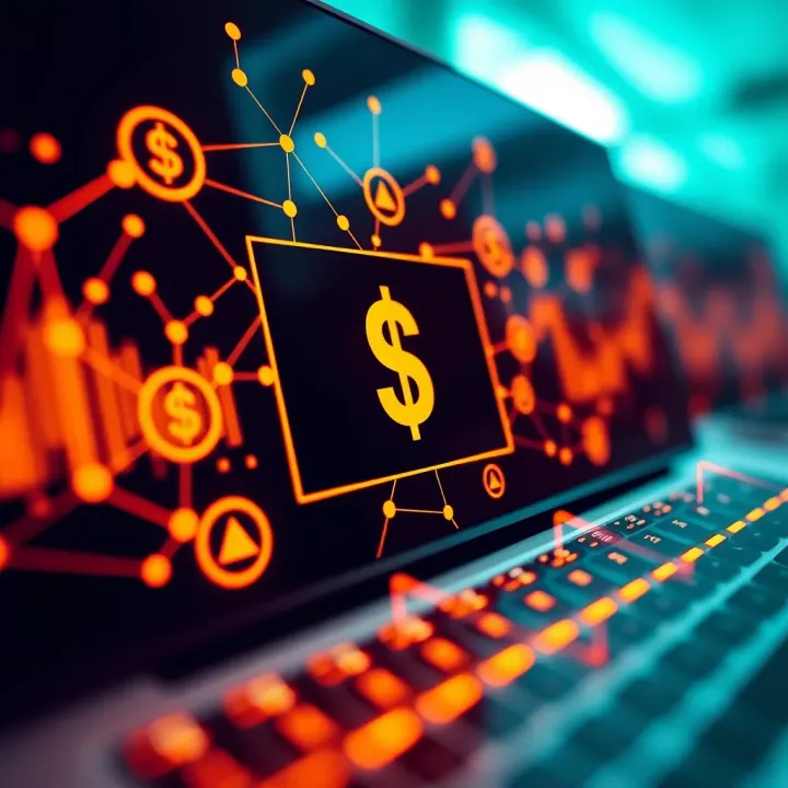 Illustration of affiliate marketing concept with digital connections and dollar signs