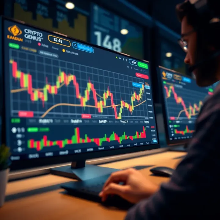 User interface of Crypto Genius platform displaying cryptocurrency trading charts and automated signals