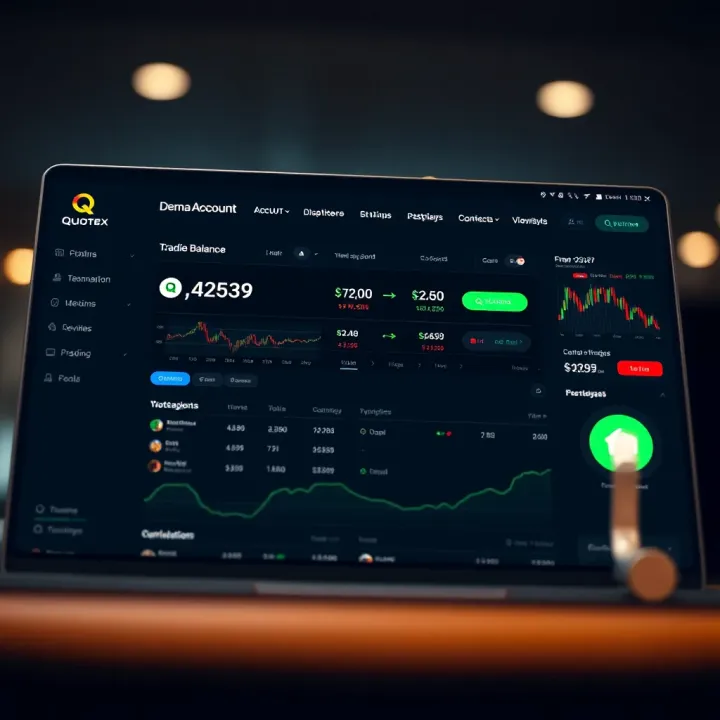 Demo account dashboard displaying virtual balance and trading options on Quotex