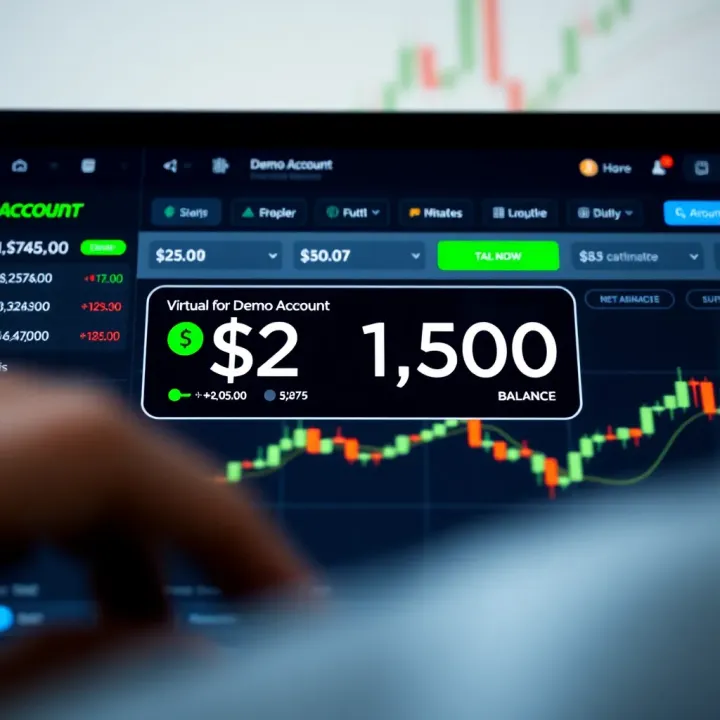 Screenshot of a trading platform showing a demo account interface with virtual currency balance