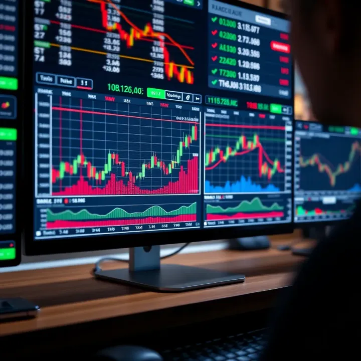 Illustration showing a computer screen displaying a demo trading account interface with charts and financial data