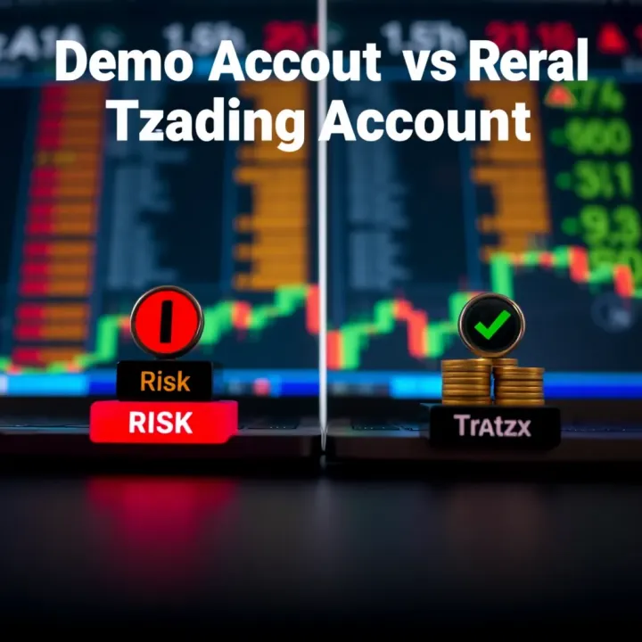 Visual representation contrasting demo account and real trading account with icons symbolizing risk and investment