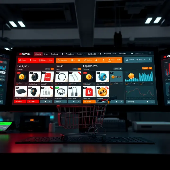 Digital platform interface showing various e-commerce product listings and user interaction options