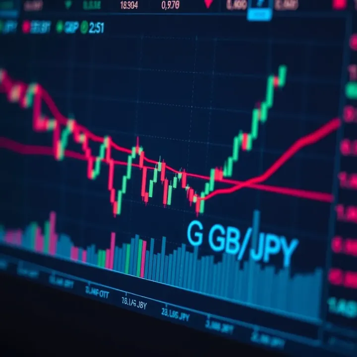 Graph showing GBP to JPY currency exchange rate fluctuations with technical indicators