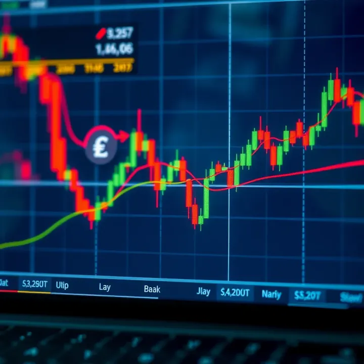 Graph illustrating forex options trading strategies with currency symbols and trend lines