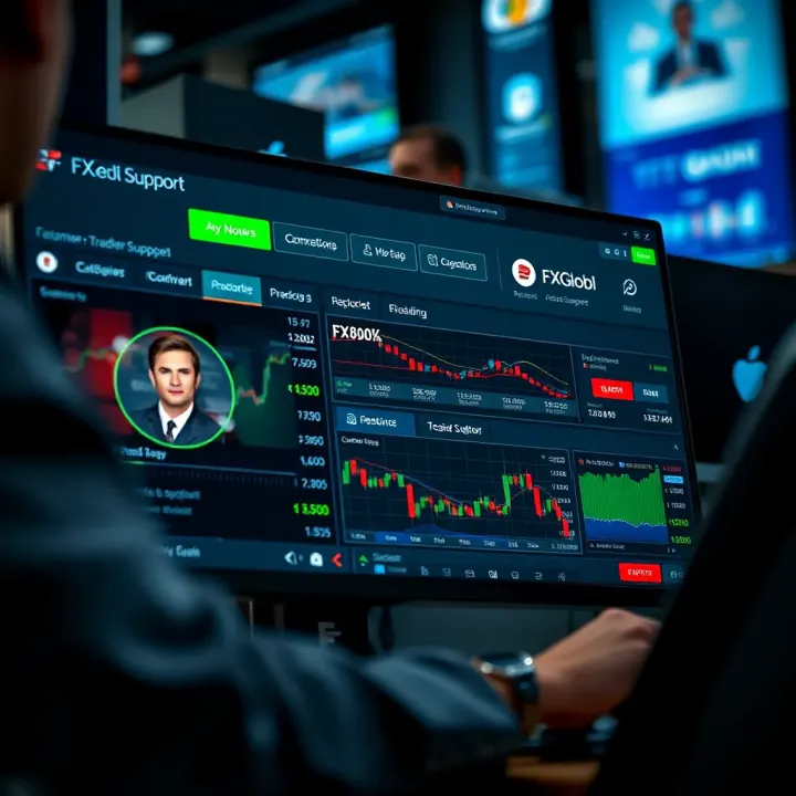 User interface of FXGlobe platform displaying customer support options and trading tools