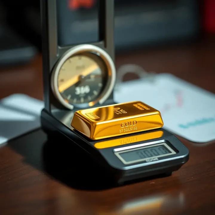 Close-up view of a gold bar placed on a precision scale displaying weight measurement