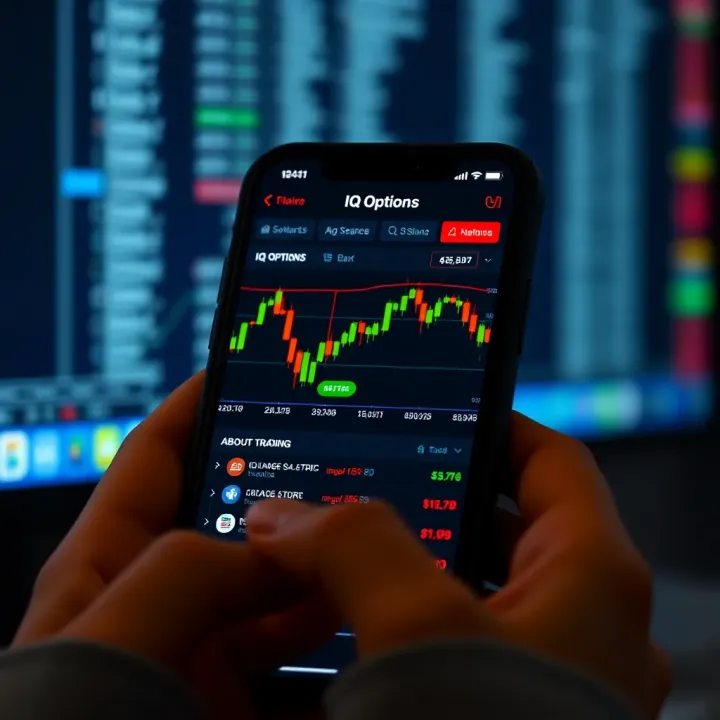 Mobile phone displaying IQ Option web trading platform with chart and trading options visible