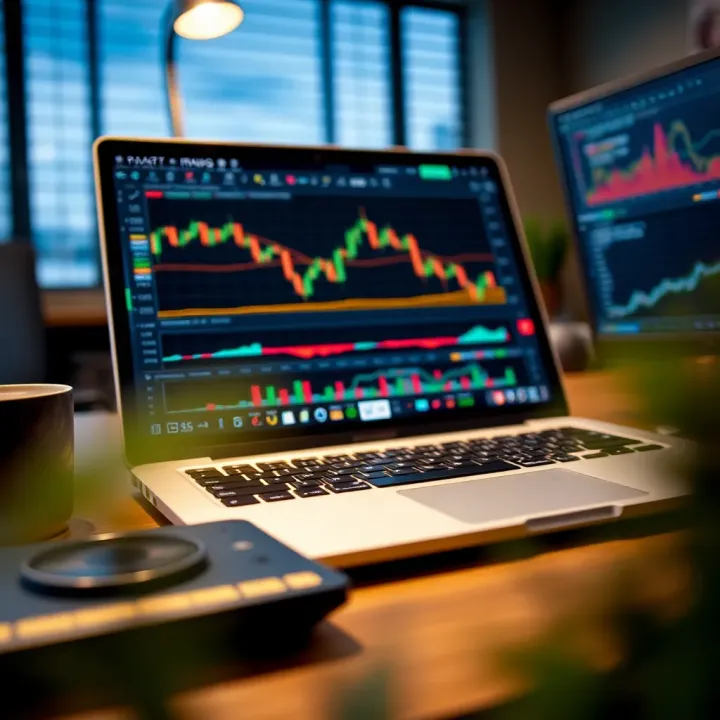 Laptop displaying forex trading platform with charts and data analytics