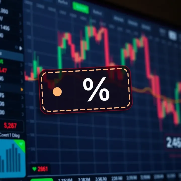 Illustration showing a digital coupon with a percentage symbol over a trading platform interface
