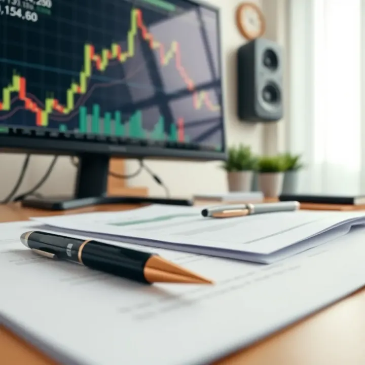 Close-up of financial documents and a pen on a desk with a computer screen showing stock market data