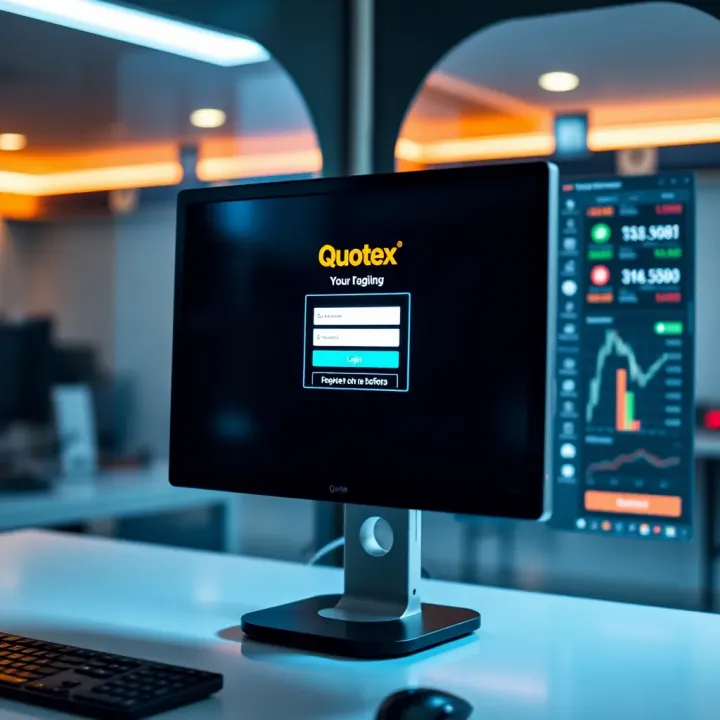 User interface showing the login screen of Quotex platform on a computer monitor