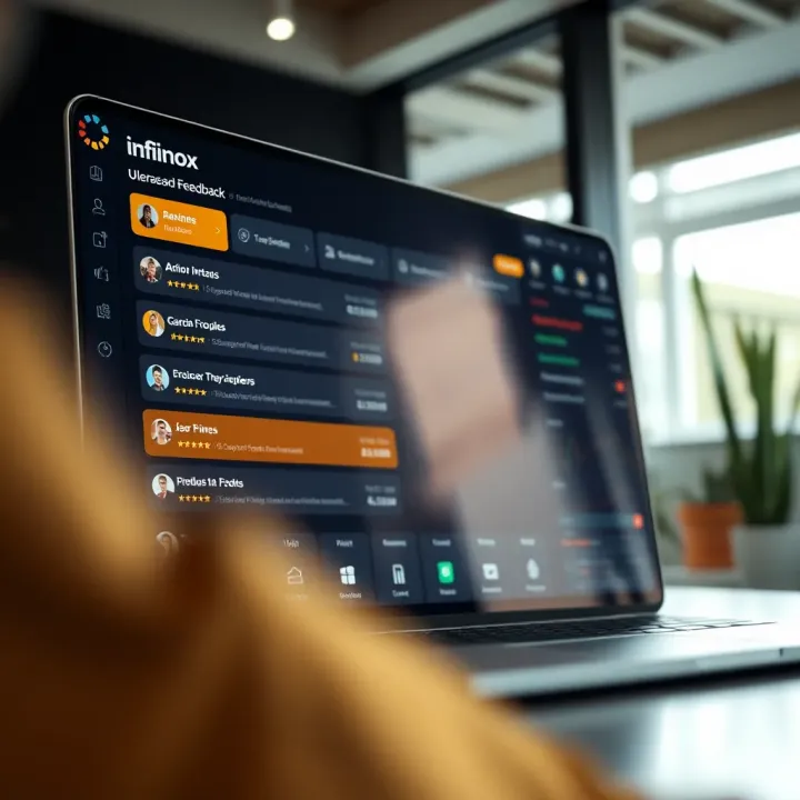 Dashboard displaying various financial services and user reviews on Infinox platform