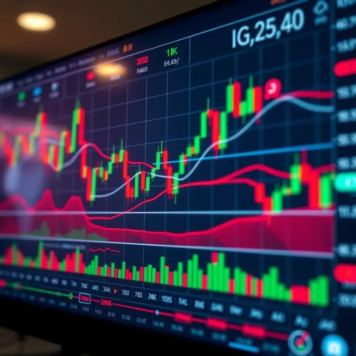Interactive IQ Option trading chart displaying candlestick patterns and various technical indicators