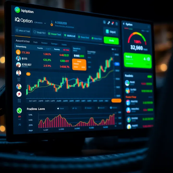 Interface of IQ Option showing various financial trading assets and account dashboard