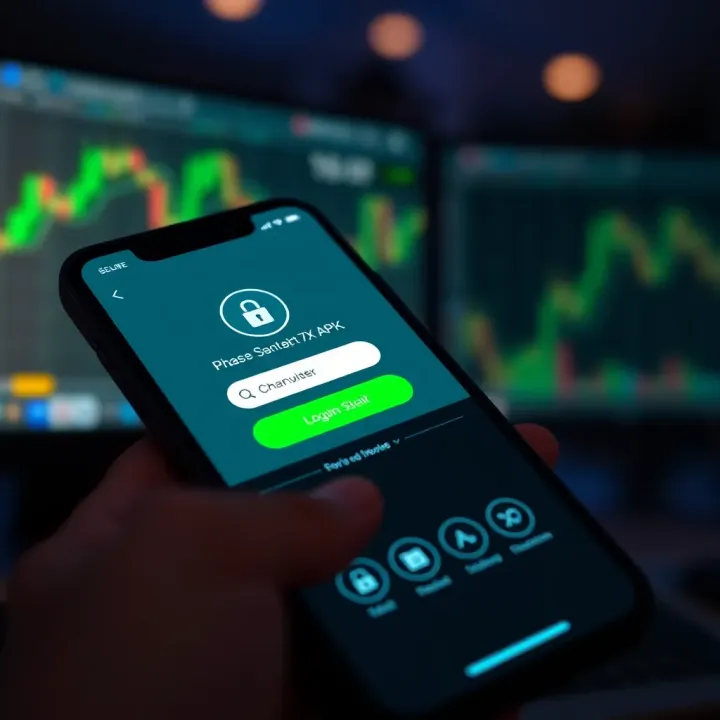 Mobile device displaying the Iq Option X APK app with secure login and financial data