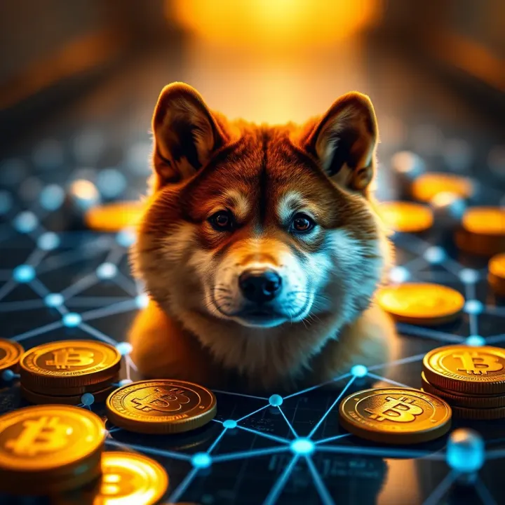 Graphic representation of Shiba Inu cryptocurrency coins with digital network nodes symbolizing blockchain connections