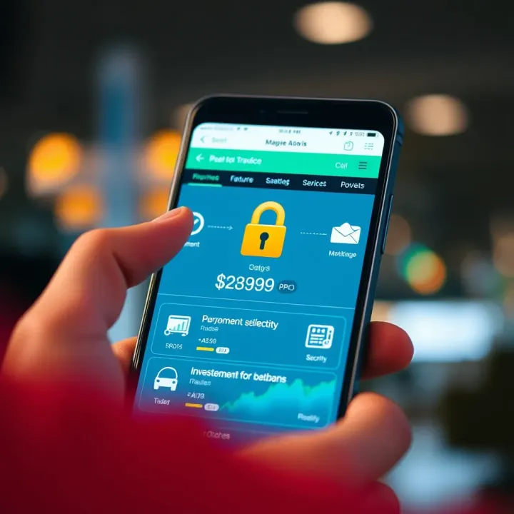 Illustration of a user navigating a mobile brokerage app with icons representing investment options and security features