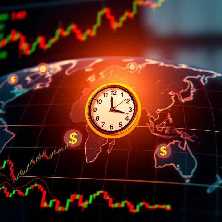 World map with currency symbols and 24-hour clock icons representing global access to Forex trading