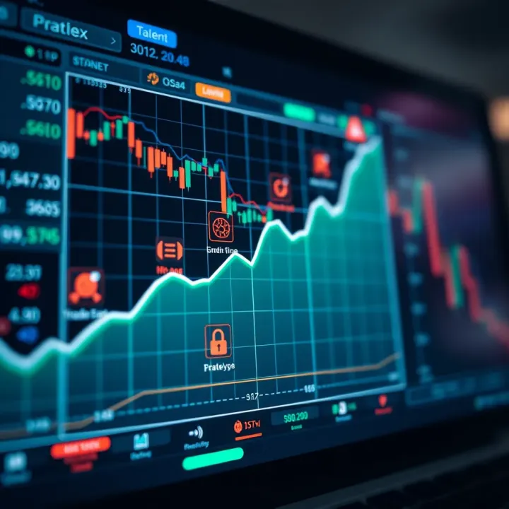 Key Features and Strategies on Quootex Platform Graph showing upward trend with icons representing trading strategies and security features