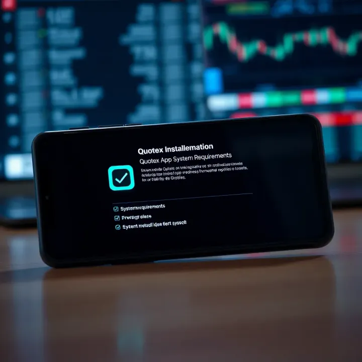 Mobile phone displaying Quotex app installation progress with system requirements checklist