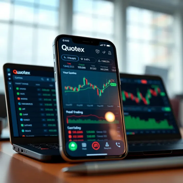 User interface of Quotex application showing various trading options and charts