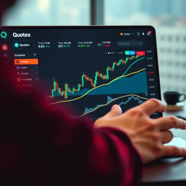 User interface of Quotex platform showing demo account dashboard with graphs and trading options