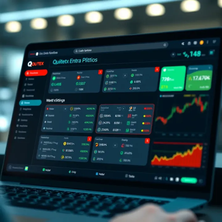 User interface showcasing the Quotex Entra platform dashboard with trading options and account settings